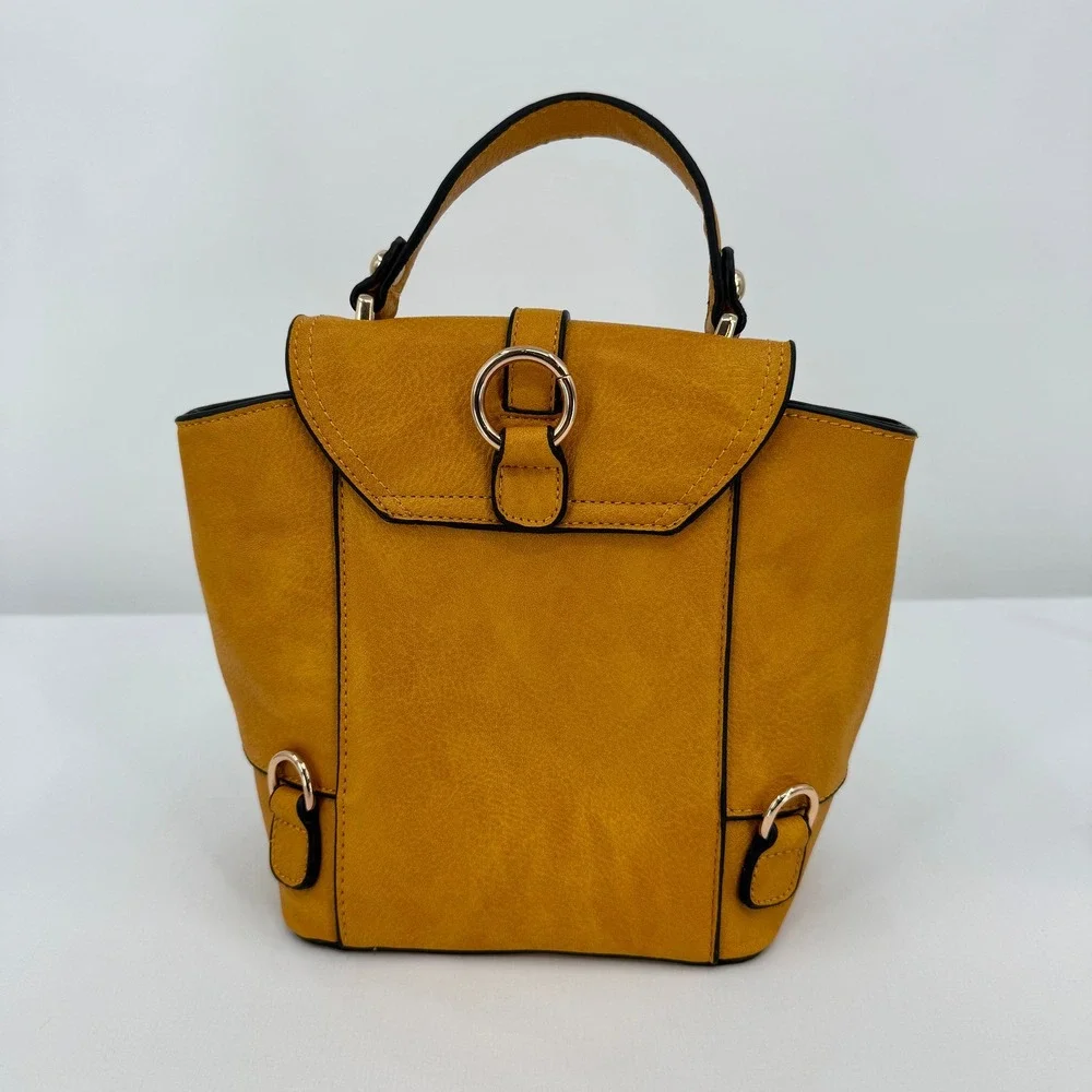 Mustard Yellow Faux Leather Convertible Backpack Crossbody HandBag Gold Hardware